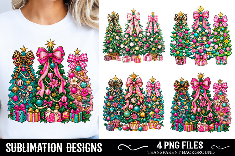 Green Whimsical Christmas Trees with Bows Festive Holiday example image 1