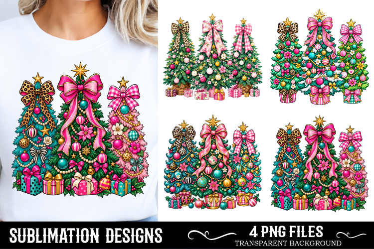 Green Whimsical Christmas Trees with Bows Festive Holiday
