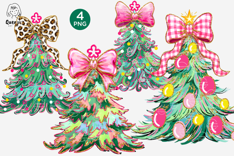 Green Whimsical Christmas Trees with Bows Festive Holiday
