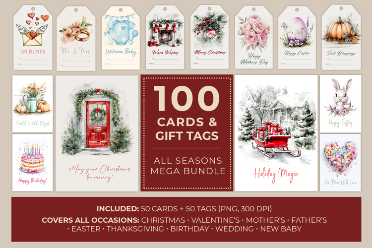 Christmas card, Watercolor greeting Card, Gift Tag Bundle