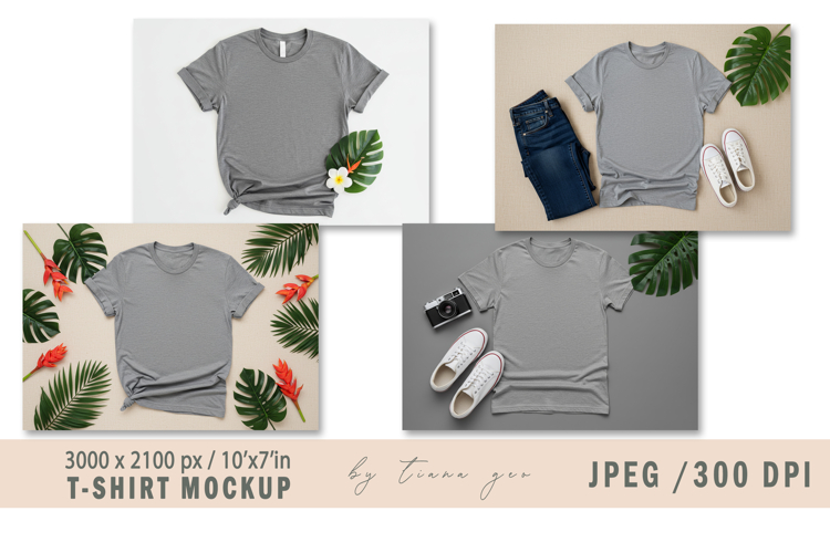Grey T-Shirt Mockup 4 Styled Flat Lay Images