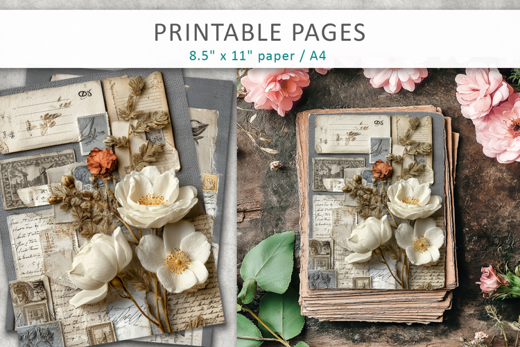 vintage junk journal pages, flowers vintage papers
