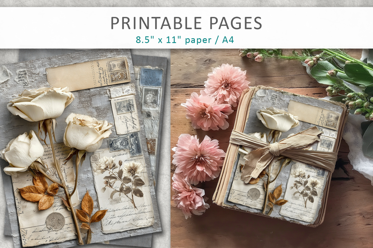 vintage junk journal pages, flowers vintage aged papers