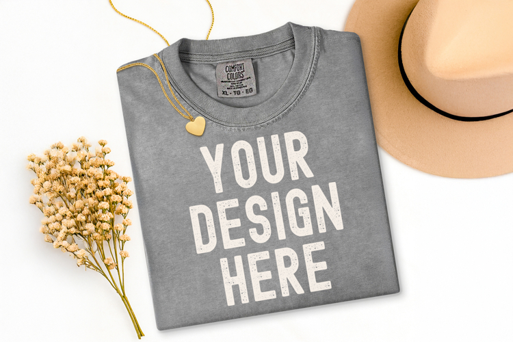 Comfort Colors C1717 Grey Shirt Mockup, Flat Lay Mockup