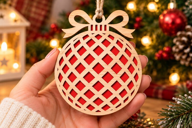 Grid Bauble Laser Cut Wood File, Christmas Ornament SVG example image 1