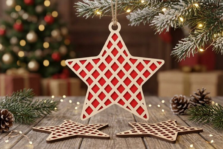 Grid Wooden Christmas Star SVG Red Lattice Ornament example image 1