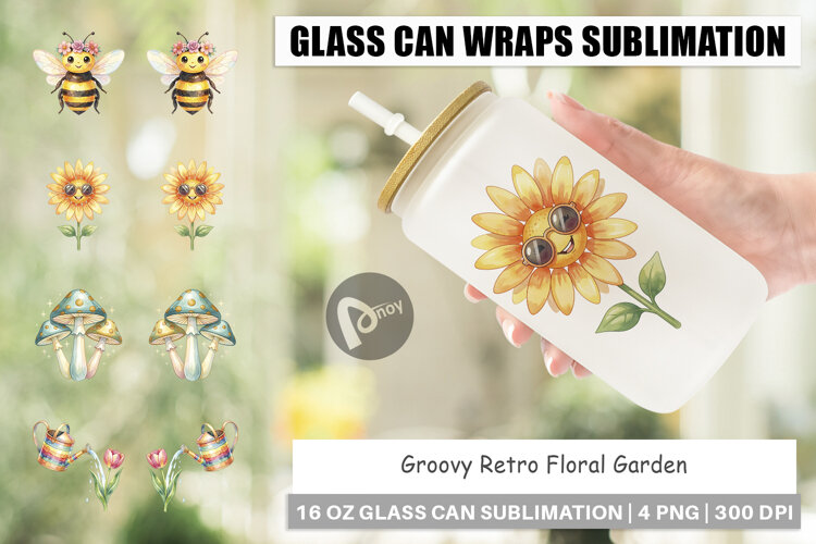 Groovy Retro Floral Garden Glass Can example image 1