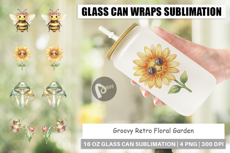 Groovy Retro Floral Garden Glass Can