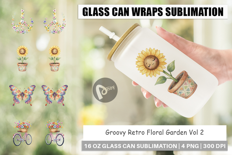 Groovy Retro Floral Garden Glass Can