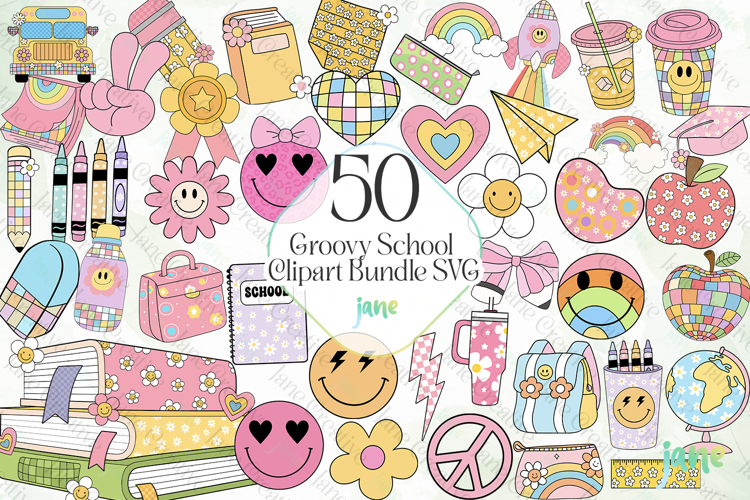 Groovy School Clipart Bundle SVG