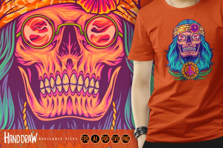 Groovy skull with bohemian cannabis symbol example image 1