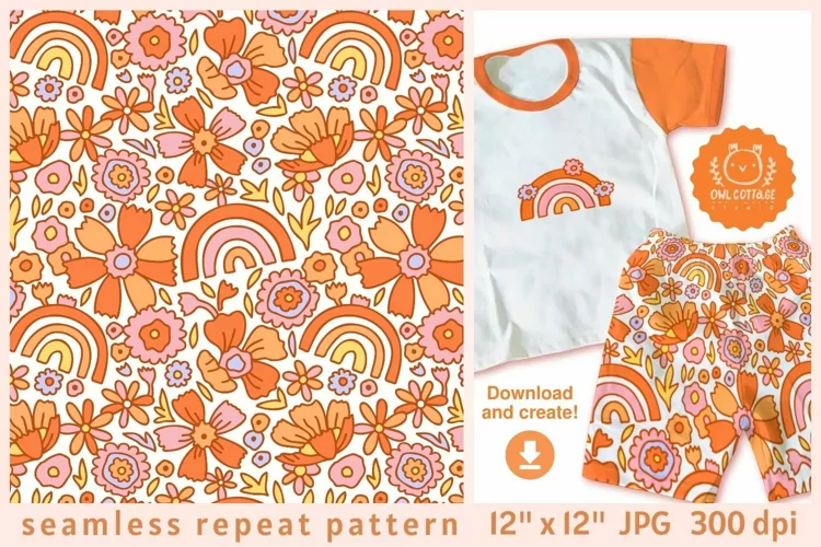 Groovy Retro Rainbow and Flowers Seamless Repeat Pattern