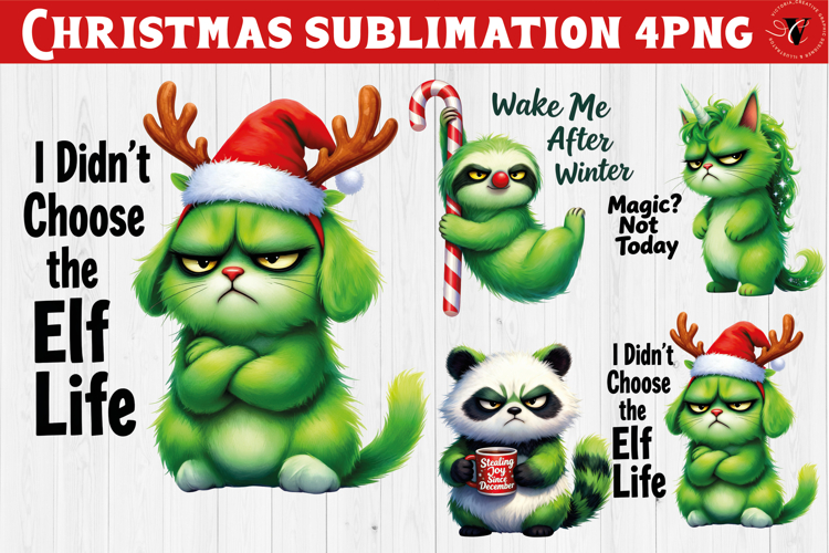 Funny Christmas animal sublimation | Grumpy green animals