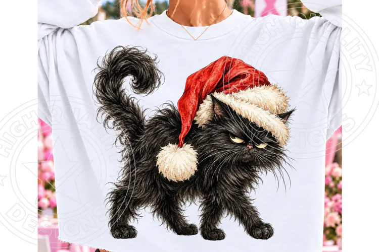 Grumpy Black Cat Christmas PNG | Fluffy Santa Hat Cat Sublim