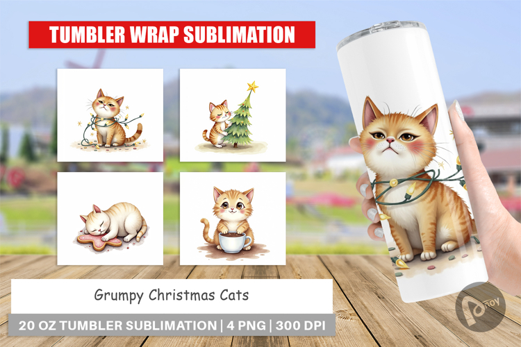 Tumbler Watercolor Grumpy Christmas Cats