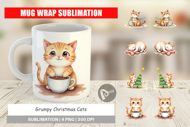 Mug Wrap Watercolor Grumpy Christmas Cats