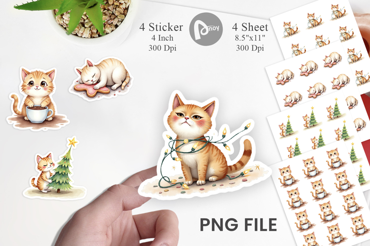 Sticker Watercolor Grumpy Christmas Cats