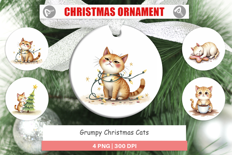 Ornament Watercolor Grumpy Christmas Cats