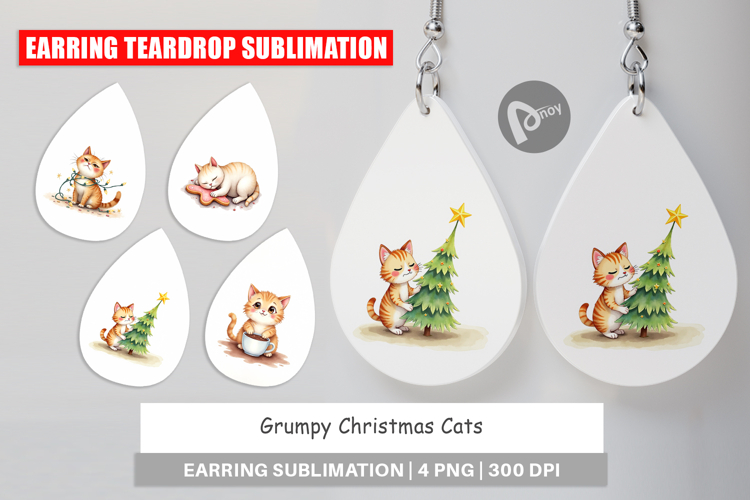 Earring Watercolor Grumpy Christmas Cats