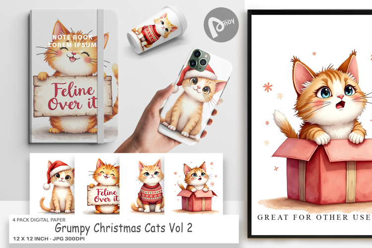 Digital Paper Watercolor Grumpy Christmas Cats