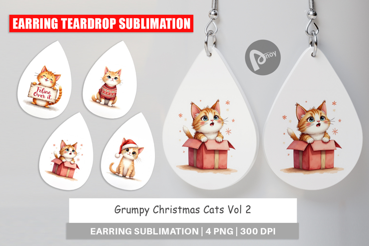 Earring Watercolor Grumpy Christmas Cats