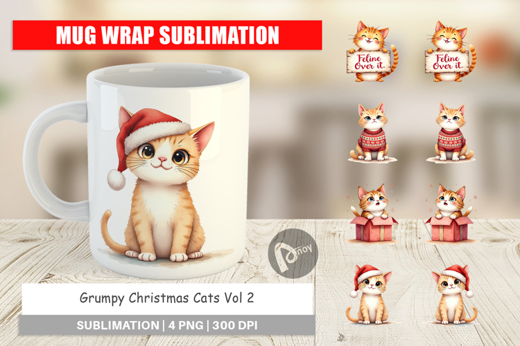 Mug Wrap Watercolor Grumpy Christmas Cats