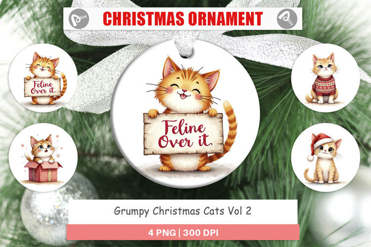 Ornament Watercolor Grumpy Christmas Cats