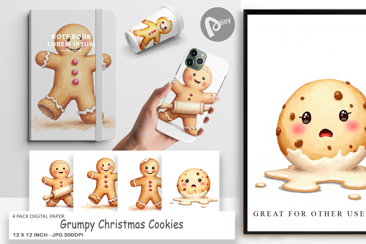 Digital Paper Watercolor Grumpy Christmas Cookies