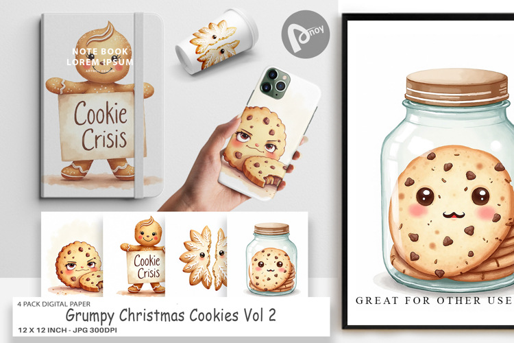 Digital Paper Watercolor Grumpy Christmas Cookies