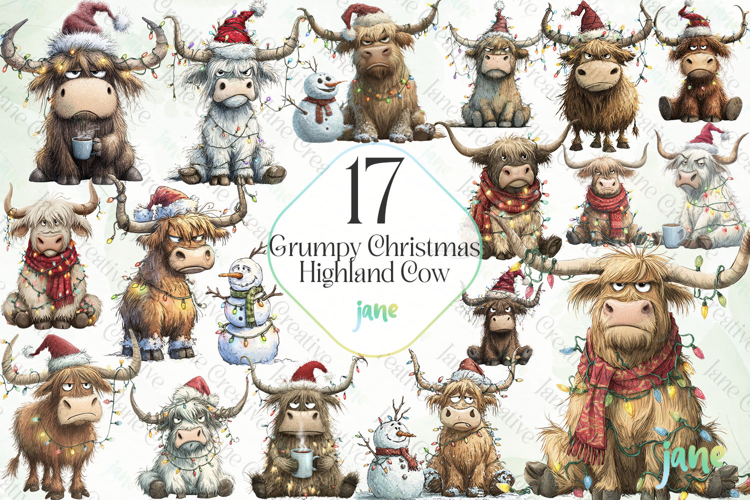 Grumpy Christmas Highland Cow Clipart Bundle