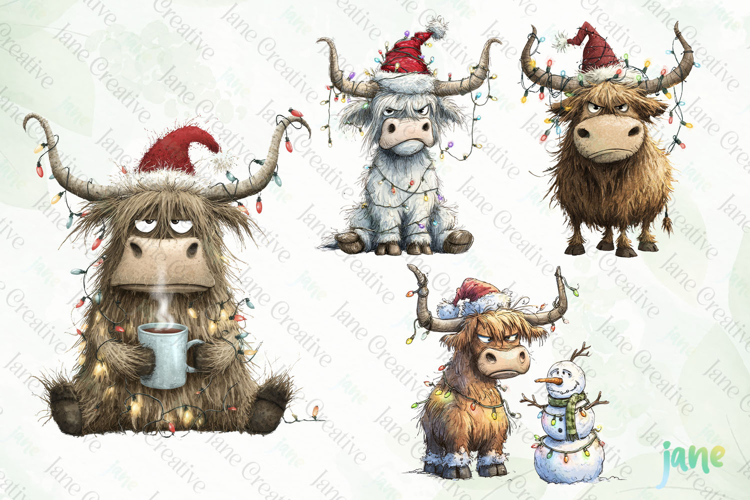 Grumpy Christmas Highland Cow Clipart