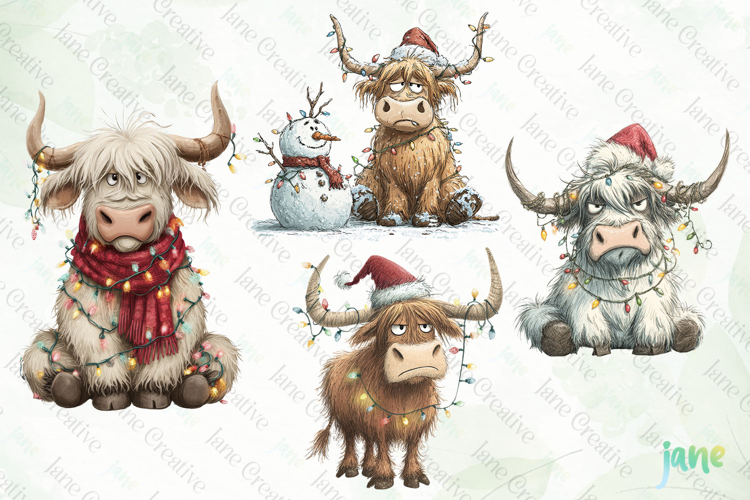 Grumpy Christmas Highland Cow Clipart
