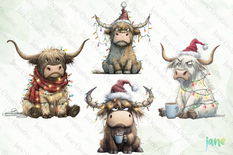 Grumpy Christmas Highland Cow Clipart
