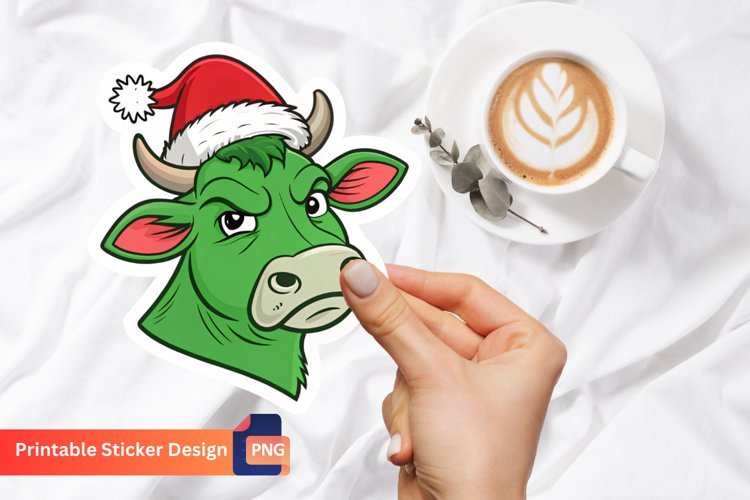 Grumpy Green Cow Christmas Sticker, Funny Cow Holiday Decal example image 1