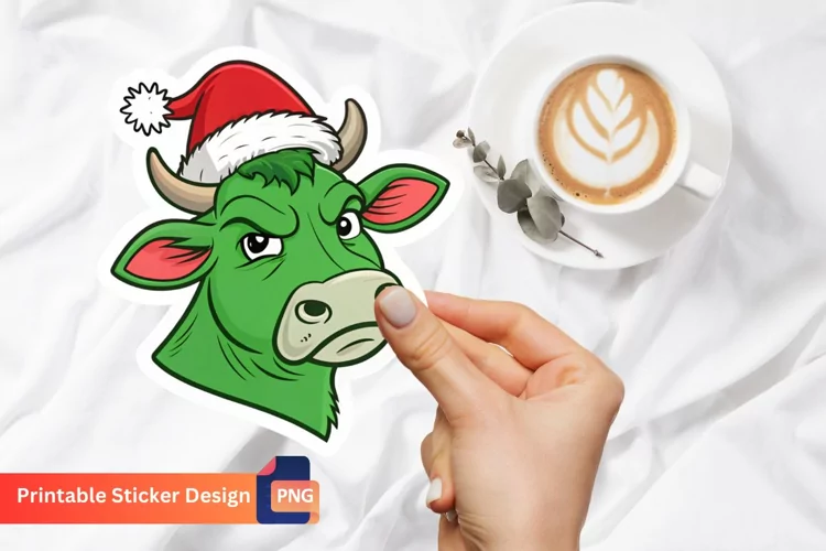 Grumpy Green Cow Christmas Sticker, Funny Cow Holiday Decal