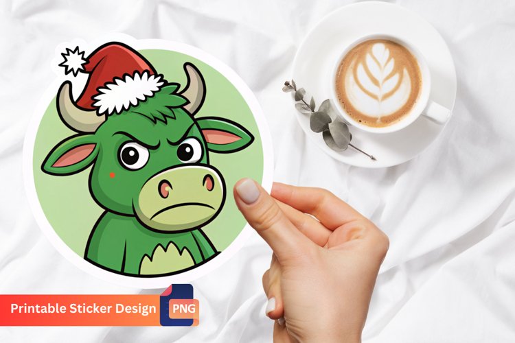 Grumpy Green Cow Christmas Sticker, Funny Cow Holiday Decal example image 1