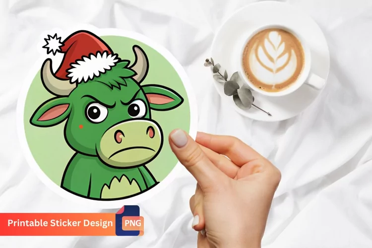 Grumpy Green Cow Christmas Sticker, Funny Cow Holiday Decal