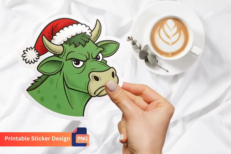 Grumpy Green Cow Christmas Sticker, Funny Cow Holiday Decal