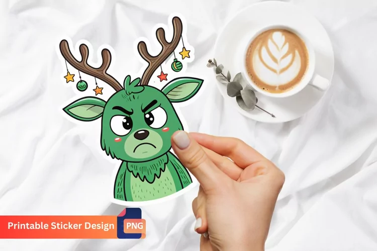 Grumpy Green Deer Christmas Sticker, Christmas Sticker