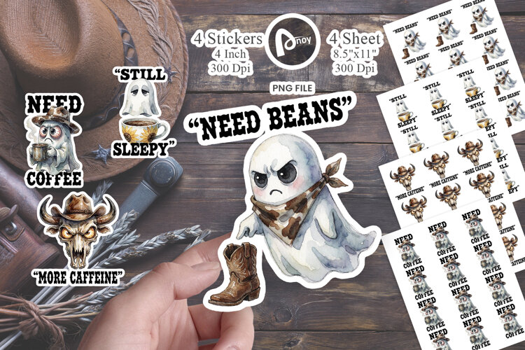 Grumpy Coffee Cowboy Ghosts Sticker example image 1