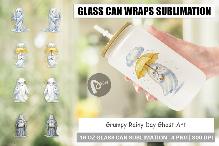 Grumpy Rainy Day Ghost Art Glass Can