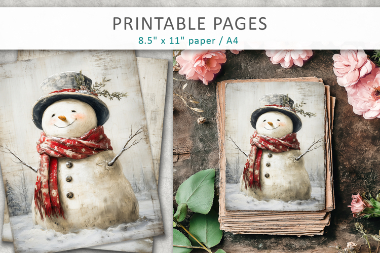 Christmas junk journal, snowman grunge pages
