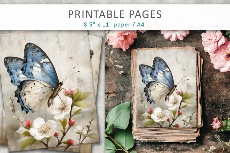 grunge floral junk journal pages, butterfly printable