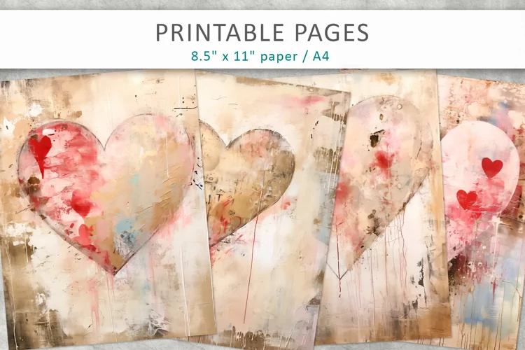 Grunge heart junk journal pages, Shabby chic heart