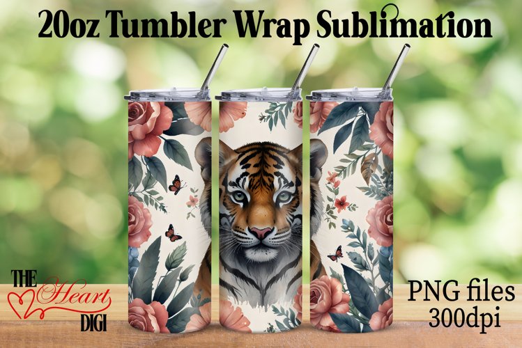 Floral Tiger 20oz Tumbler PNG, Tiger Tumbler Wrap PNG