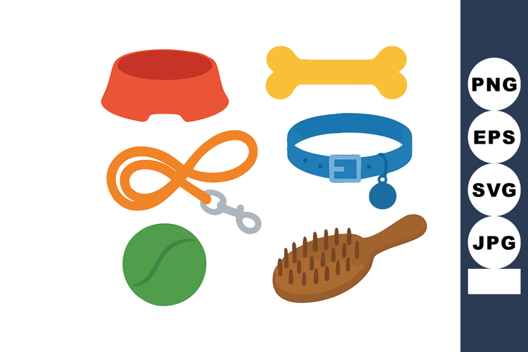 Dog accessories with red bowl, orange leash, blue collar, y