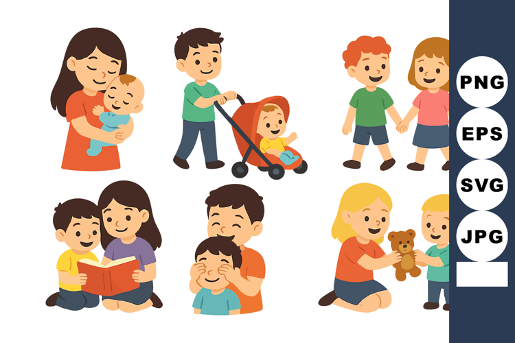 Happy family activities with children playing reading stroll