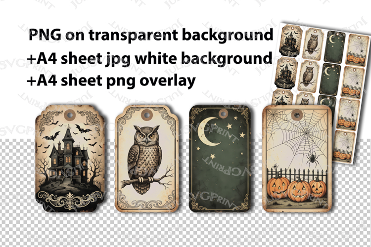 Vintage Halloween Gift Tags PNG Spooky Owl House Labels