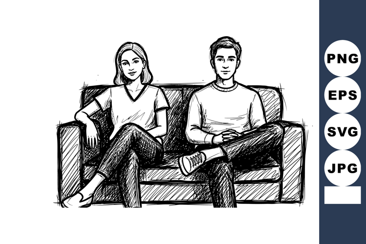 Young man and woman sitting on sofa in casual pose black and