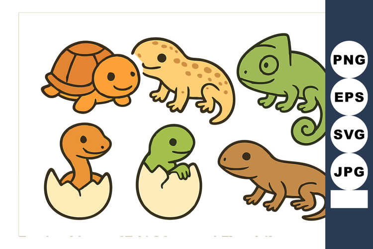 Cute colorful reptile animals including turtle, gecko, chame